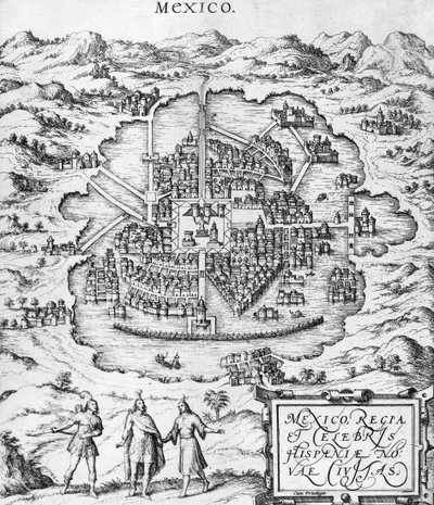 मेक्सिको का मानचित्र, जॉर्ज ब्रौन (1541-1622) और फ्रैंस होजेनबर्ग (1535-90) c.1572 द्वारा &39;Civitates Orbis Terrarum&39; से चित्रण द्वारा जोरिस हॉफनागल