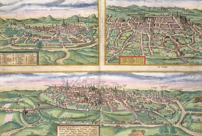 जॉर्ज ब्रौन (1541-1622) और फ्रैंस होजेनबर्ग (1535-90),&39;.1572 &39;द्वारा मॉन्टपेलियर, टूर्स, और पोइटियर्स का मानचित्र द्वारा जोरिस हॉफनागल