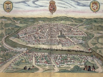 जॉर्ज ब्रौन (1541-1622) और फ्रैंस होजेनबर्ग (1535-90) c.1572-1617 द्वारा &39;सेविट्स ऑरबिस टेरारम&39; से सेविले का मानचित्र द्वारा जोरिस हॉफनागल