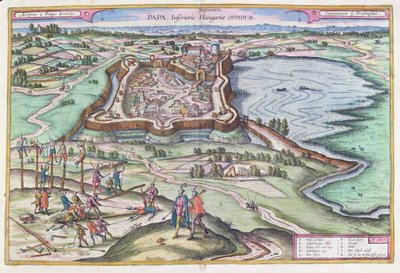 ओटोमन की घेराबंदी के समय का पापा का किला, जॉर्ज ब्रौन (1541-1622) द्वारा &39;ले थिएटर डु मोंडे&39; से कोलोन 1572-1618, 1617 में प्रकाशित द्वारा जोरिस हॉफनागल