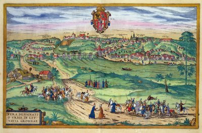 जॉर्ज ब्रौन (1541-1622) और फ्रैंस होजेनबर्ग (1535-90),&39;.1572 &39;की ओर से&39; Civitates Orbis Terrarum &39;से ग्रोर्नो का टाउन प्लान द्वारा जोरिस हॉफनागल