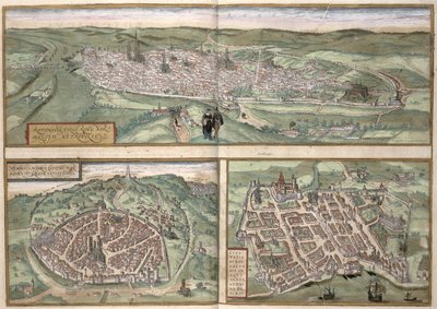 जार्ज ब्रौन (1541-1622) और फ्रैंस होजेनबर्ग (1535-90),&39;.1572 &39;से&39; सेविनेट्स ऑर्बिस टेरारम &39;के रूयन, निम्स और बोर्डो के टाउन प्लान द्वारा जोरिस हॉफनागल