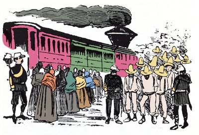 मैक्सिकन क्रांति (1910-1920): वैले नैशनल में श्रमिकों का निर्वासन, लगभग 1908 - जोस ग्वाडालूप पोसाडा द्वारा जाइलोग्राफी (1852-1913) द्वारा जोस गुआडालुपे पोसाडा