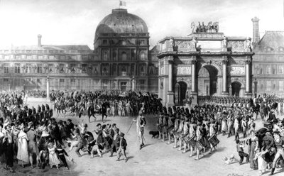 1810 में प्रथम फ्रांसीसी साम्राज्य के दौरान ट्यूलरीज के सामने एक सैन्य समीक्षा का चित्रण। 1862 (कैनवास पर तेल) द्वारा जोसेफ लुइस हिप्पोलीटे बेलांगे