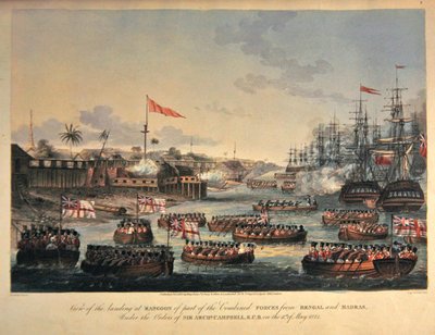 11 मई 1825 को हेनरी पायल (1795-1833) 1825 (हाथ से रंगी एक्वाटिंट) द्वारा उकेरी गई सर आर्चीबाल्ड कैंपबेल के आदेश के तहत बंगाल और मद्रास से संयुक्त बलों के हिस्से के रंगून में उतरने का दृश्य द्वारा जोसेफ (बाद में) मूर
