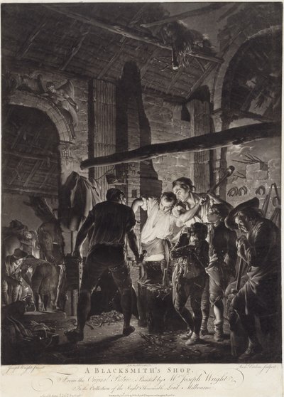 रिचर्ड्सलोम द्वारा उत्कीर्ण एक लोहार की दुकान (1743-97) द्वारा जोसेफ (बाद) डर्बी का राइट