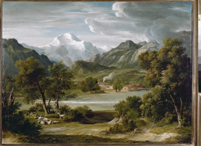 जंगफ्राऊ (स्विट्जरलैंड) (कैनवास पर तेल, लगभग 1821) के दृश्य के साथ अनटर्सीन के पास लुटेरब्रुन्नन घाटी द्वारा जोसेफ एंटोन कोच