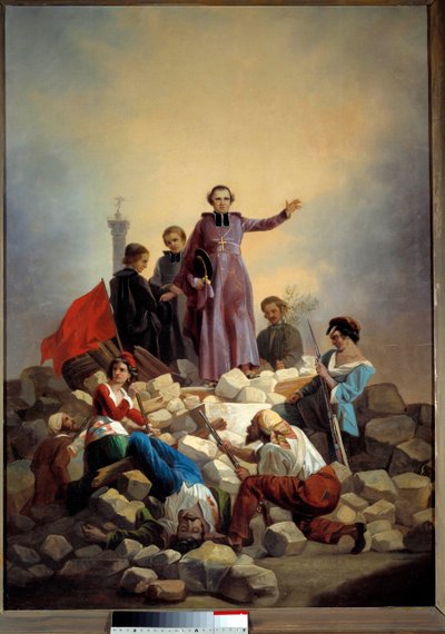 क्रांति 1848: "" द आर्कबिशप डेनिस एफ़्रे (1793-1848) बैरिकेड फ़ॉबॉर्ग सेंट एंथोनी 26/06/1848 पर"" जोसेफ़ फेलन द्वारा पेंटिंग (1818-1896) 1848 सन। 0,92x0,67 मी. पेरिस, मुसी कार्नावलेट - 1848 की क्रांति: "" आर्कबिशप मोनसेग्नूर ड द्वारा जोसेफ फेलॉन