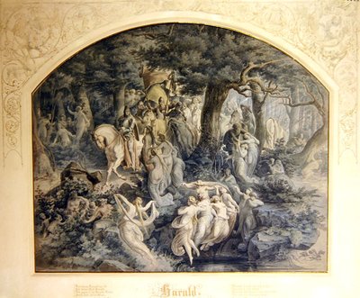 लुडविग उहलैंड द्वारा 'द बैलाड ऑफ हेराल्ड' के लिए चित्रण (कागज पर पेंसिल के ऊपर सफेद शरीर के रंग के साथ जल रंग) द्वारा जोसेफ माचोल्ड