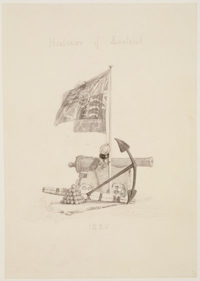 No.0567 इंग्लैंड के हारबर्स, एक पुस्तक के शीर्षक पृष्ठ के लिए डिजाइन, 1825 (स्याही und धो) द्वारा जोसेफ मैलॉर्ड विलियम टर्नर
