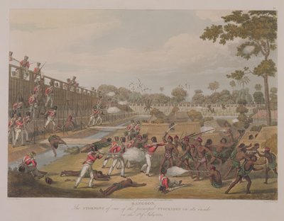 रंगून: जार्ज हंट, 1825 (एक्वाटिंट) द्वारा उकेरी गई &39;रंगून व्यूज&39; से 8 जुलाई 1824 को प्लेट 15 में से एक की प्रमुख स्ट्रीडिंग द्वारा जोसेफ मूर
