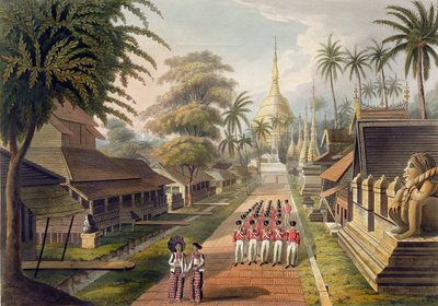 टी। फील्डिंग, 1825 (एक्वाटिंट) द्वारा उकेरी गई &39;रंगून व्यूज़&39; से प्लेट 3 में रंगून में द ग्रेट डागान पैगोडा के प्रमुख दृष्टिकोण द्वारा जोसेफ मूर