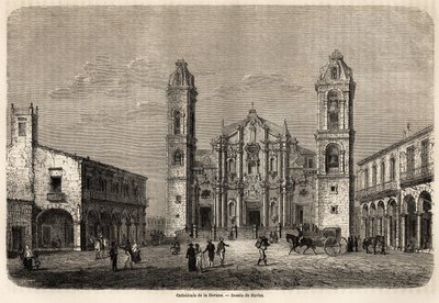 हवाना, क्यूबा का कैथेड्रल, 1859 में, रिचर्ड डाना (1815-1882) द्वारा क्यूबा के द्वीप की यात्रा को चित्रित करने के लिए नेवलेट द्वारा चित्रित। "दुनिया भर में, नई यात्रा पत्रिका" "पेरिस" में उत्कीर्णन द्वारा जोसेफ नवलेट