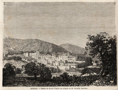 1856 में मिस्टर बिदा की फ़िलिस्तीन की यात्रा को चित्रित करने के लिए जोसेफ नेवलेट (1821-1889) को चित्रित करते हुए बेथलहम का दृश्य। "ले टूर डू मोंडे, नोव्यू जर्नल डेस वॉयेजेस" पेरिस में उत्कीर्णन द्वारा जोसेफ नवलेट