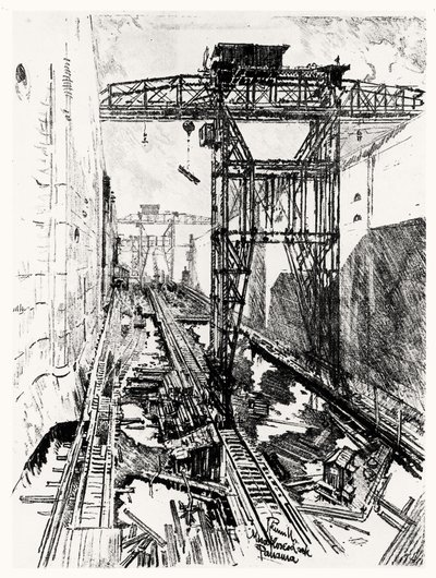 मिराफ्लोरेस लॉक में क्रेन, जोसेफ पेनेल द्वारा पनामा नहर से प्लेट XXII, 1912 (कागज पर लकड़ी का कोयला) द्वारा जोसेफ पेनेल