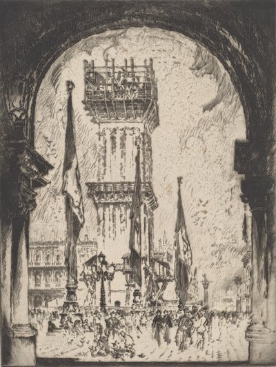 कैंपनाइल का पुनर्निर्माण, वेनिस, नंबर I, 1911। द्वारा जोसेफ पेनेल