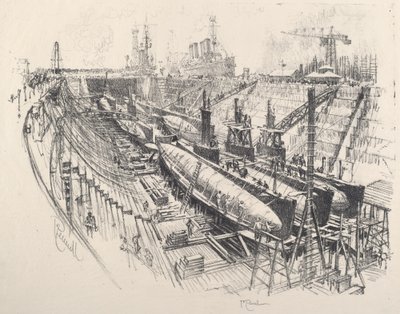 ड्राई डॉक में पनडुब्बियां, 1917। द्वारा जोसेफ पेनेल
