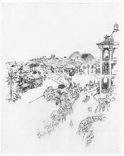 जोसेफ पेनेल द्वारा 1912 में &39;द पनामा नहर&39; से टिवोली होटल, पनामा सिटी ऑफ़ पनाम, (कागज पर चारकोल) द्वारा जोसेफ पेनेल
