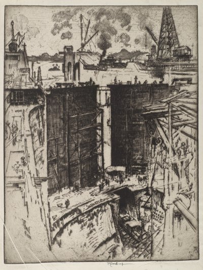 गार्ड गेट, गैटून लॉक, पनामा, 1912 (कागज पर नक़्क़ाशी) द्वारा जोसेफ पेनेल