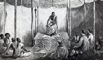 बाइबल में कामरासी का पहला पाठ, जॉन हैनिंग स्पेक द्वारा &39;ए जर्नल ऑफ़ द डिस्कवरी ऑफ़ द नाइल ऑफ द सोर्स ऑफ द नील&39; का चित्रण, 1864 में प्रकाशित द्वारा जोशिया वुड व्हिम्पर