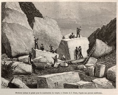 मंदिर निर्माण के लिए मॉर्मन नक्काशी ग्रेनाइट। 1875 में विलियम हेपवर्थ डिक्सन द्वारा लिखित ला कॉन्क्वेट ब्लैंच की कहानी को चित्रित करने के लिए जे. फेरैट के चित्र के बाद उत्कीर्णन, "ले टूर डू मोंडे""" 1876 में प्रकाशित, एडौर्ड चार्टन द्वा द्वारा जूल्स (बाद) फेरत