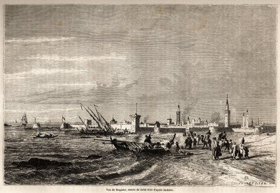 एस्सौइरा (पूर्व में मोगाडोर) का दृश्य, जूल्स नोएल (1810-1881) द्वारा ड्राइंग, श्री एफ। 1860 में शिकलर की मोरक्को की यात्रा। दुनिया भर में "" में उत्कीर्णन, नई यात्रा पत्रिका "" पेरिस द्वारा जूल्स अचिल नोएल