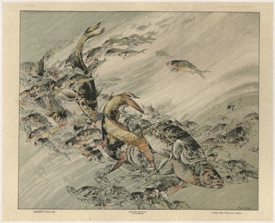 जील्स राउम, बुकस्टोर ऑफ़ आर्ट, पेरिस, 1887 (रंग उत्कीर्णन) द्वारा प्रकाशित, गिलोट द्वारा उत्कीर्ण &39;डेकोरेटिव फैंटेसीज़&39; से मछलियाँ, प्लेट 7 द्वारा जूल्स अगस्टे हैबर्ट डिस