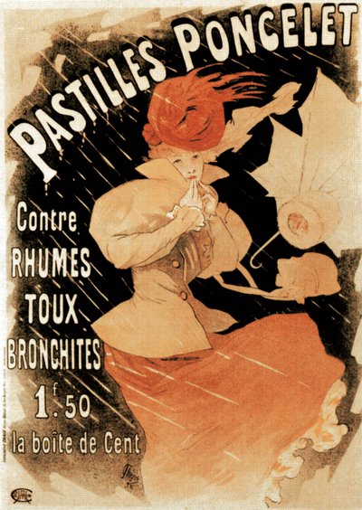 एक ठंडी और ब्रोंकाइटिस उपचार 1896, Pastilles पोंसलेट के लिए विज्ञापन पोस्टर। द्वारा जूल्स चेरी