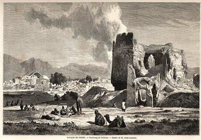 तेहरान (वर्तमान ईरान) के उपनगर। 1855 से 1858 तक आर्थर गोबिन्यू की फारस की यात्रा को चित्रित करने के लिए जूल्स लॉरेन्स (1825-1901) द्वारा चित्रण। "ले टूर डू मोंडे, नोव्यू जर्नल डेस वॉयेजेस" पेरिस में उत्कीर्णन द्वारा जूल्स जोसेफ ऑगस्टिन लॉरेन्स