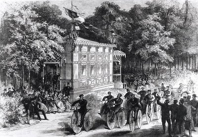 प्री कैटलन में एक वेलोसिपेड रेस, c.1860-70 (उत्कीर्णन) (b/w फोटो) द्वारा जूल्स पेल्कोक