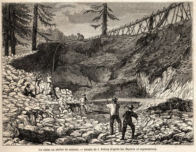 कैलिफ़ोर्निया में एक खनन दावा या कार्यशाला, जूल्स पेल्कोक द्वारा चित्रित, 1850-1852 में बैरन डी वोगन की कैलिफ़ोर्निया यात्रा की कहानी को चित्रित करने के लिए। "" ले टूर डू मोंडे, नोव्यू जर्नल डेस वॉयेजेज "" पेरिस में उत्कीर्णन द्वारा जूल्स पेल्कोक