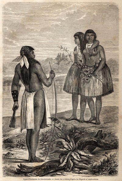 1850-1852 में बैरन डी वोगन की कैलिफ़ोर्निया यात्रा की कहानी को चित्रित करने के लिए जूल्स पेल्कोक द्वारा चित्रित रियो कोलोराडो से भारतीय का प्रकार। "" ले टूर डू मोंडे, नोव्यू जर्नल डेस वॉयेजेज "" पेरिस में उत्कीर्णन द्वारा जूल्स पेल्कोक