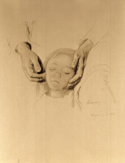 के। कोलविट्ज़, हाथों में एक बच्चे का सिर। द्वारा Käthe Kollwitz