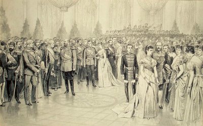 1880 के विंटर पैलेस के सेंट निकोलस हॉल में कोर्ट बॉल। द्वारा कारेल ब्रोझी