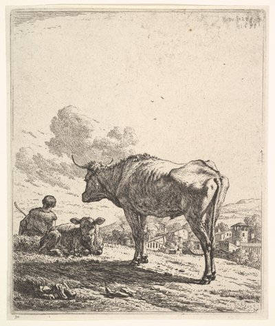 एक पहाड़ी पर गाय और बछड़े के साथ चरवाहे, चरवाहे को पीछे से देखा और ..., 1658 में बैठाया। द्वारा कारेल डू जार्डिन