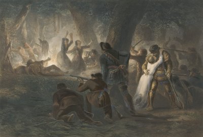 डैनियल बूने और रिचर्ड कैलवे की बेटियों का उद्धार, पब 1852 (रंग उत्कीर्णन) द्वारा कार्ल बॉडर