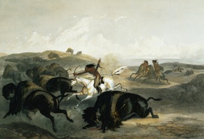 कार्ल वोगेल (1816-51) 1844 (एक्वाटिंट) द्वारा उत्कीर्ण &39;ट्रेवल्स इन द नॉर्थ अमेरिका के आंतरिक भाग&39; के खंड 2 से बाइसन हंटिंग का शिकार हुए भारतीय। द्वारा कार्ल बॉडर