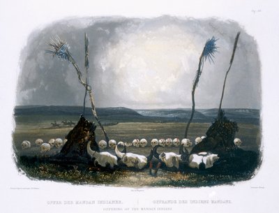 मंडन इंडियन्स की पेशकश, सिसिस्मोंडली (1801-72) 1843 (एक्वाटिंट) द्वारा उत्कीर्ण &39;ट्रैवल्स ऑफ नॉर्थ अमेरिका&39; के वॉल्यूम 1 से प्लेट 14 द्वारा कार्ल बॉडर
