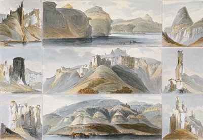 फ्रेडरिक सलेठे (1793-1858) 1844 (एक्वाटिंट) द्वारा उत्कीर्ण &39;ट्रेवल्स इन नॉर्थ अमेरिका&39; के वॉल्यूम 2 से अपर मिसौरी में उल्लेखनीय हिल्स द्वारा कार्ल बॉडर
