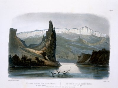 ऊपरी मिसौरी पर गढ़ रॉक, उत्तरी अमेरिका के &39;ट्रेवल्स इन द इंटीरियर ऑफ नॉर्थ अमेरिका&39; के खंड 1 से प्लेट 18, कार्ल वोगेल (1816-51) 1843 (एक्वाटिंट) द्वारा उत्कीर्ण द्वारा कार्ल बॉडर