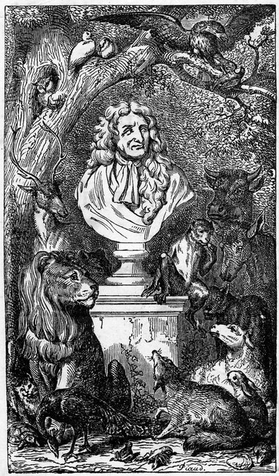 जानवरों से घिरे जीन डे ला फोंटेन की अलंकारिक प्रतिमा; Fables de la Fontaine . की एक पुस्तक का अग्रभाग द्वारा कार्ल गिरधारी