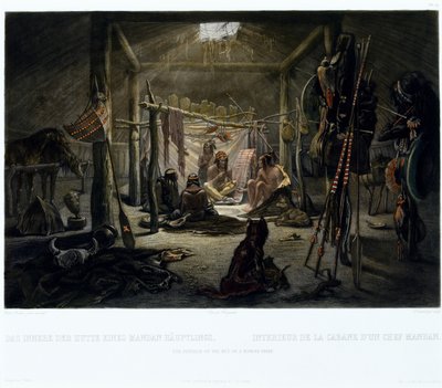 एक मंडन प्रमुख की कुटिया का आंतरिक भाग, जो नारसीस एडमंड डेसमड्रील (b.1801) c.1835 द्वारा उकेरा गया (एक्वाटिंट के साथ उत्कीर्ण किया गया) द्वारा बोडर के बाद कार्ल