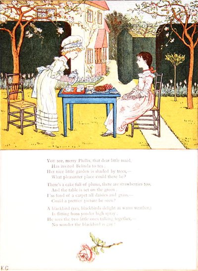 ए चिल्ड्रन टी पार्टी, 'अंडर द विंडो' की एक कविता के लिए चित्रण, c.1900 (कलर लिथो) द्वारा केट ग्रीनवे