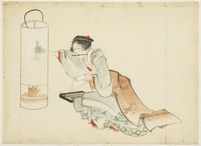 लेडी एडजस्टमेंट ए लैंप, c.1815-1849 (कागज पर स्याही और रंग) द्वारा कटुशिका (स्कूल ऑफ होकुसाई)