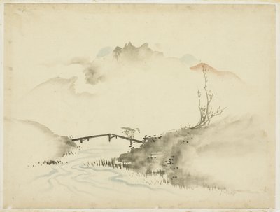 किसान क्रॉसिंग ब्रिज के साथ लैंडस्केप, 1615-1868 (कागज पर स्याही और रंग) द्वारा कटुशिका (स्कूल ऑफ होकुसाई)