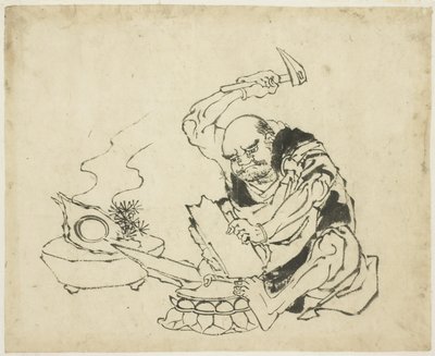 बुद्ध की ज़ेन मोंक बर्निंग इमेज (तिएन-जान चान शिह), c.1815-1849 (कागज पर स्याही) द्वारा कटुशिका (स्कूल ऑफ होकुसाई)