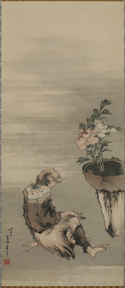 एक बैठा हुआ आदमी, चित्तीदार peonies, ईदो अवधि (कागज पर स्याही और रंग) को देखते हुए द्वारा कत्सुशिका होकुसाई