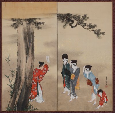 एक शिंटो पुजारी, तीन महिलाएं और एक बच्चा, ईदो काल, सीए। 1799-1801। द्वारा कत्सुशिका होकुसाई