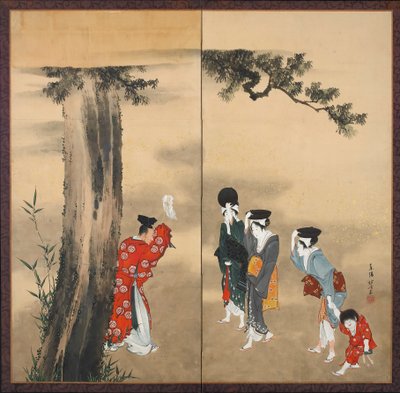 एक शिन्तो पुजारी, तीन महिलाएं और एक बच्चा, ईदो अवधि, c.1799 (स्याही, कागज पर सोने का रंग) द्वारा कत्सुशिका होकुसाई