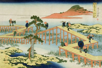 आठ भाग पुल, मुकावा प्रांत, जापान, c.1830 (लकड़ी ब्लॉक प्रिंट) द्वारा Katsushika Hokusai